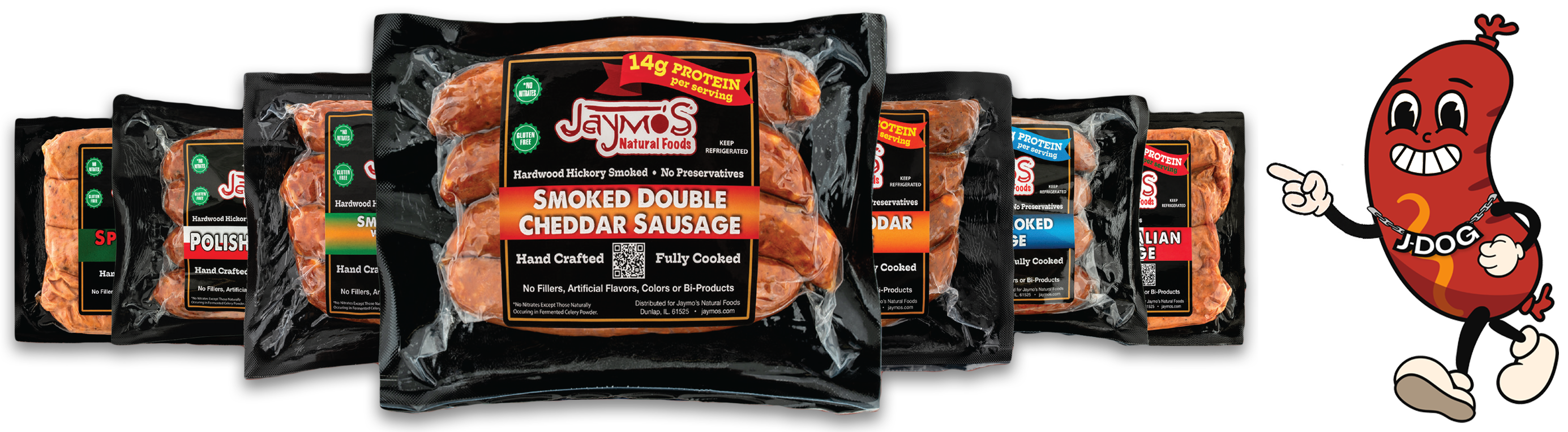 All 7 handcrafted Jaymo's sausages - family shot